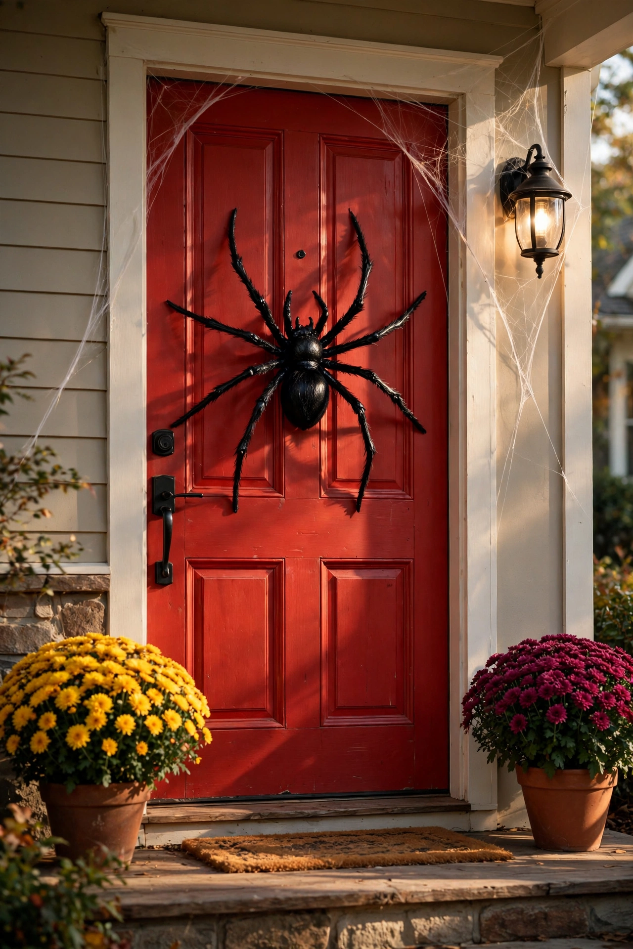 Oversized black decorative spider with spread legs mounted on a front door, web strands stretching to the porch light