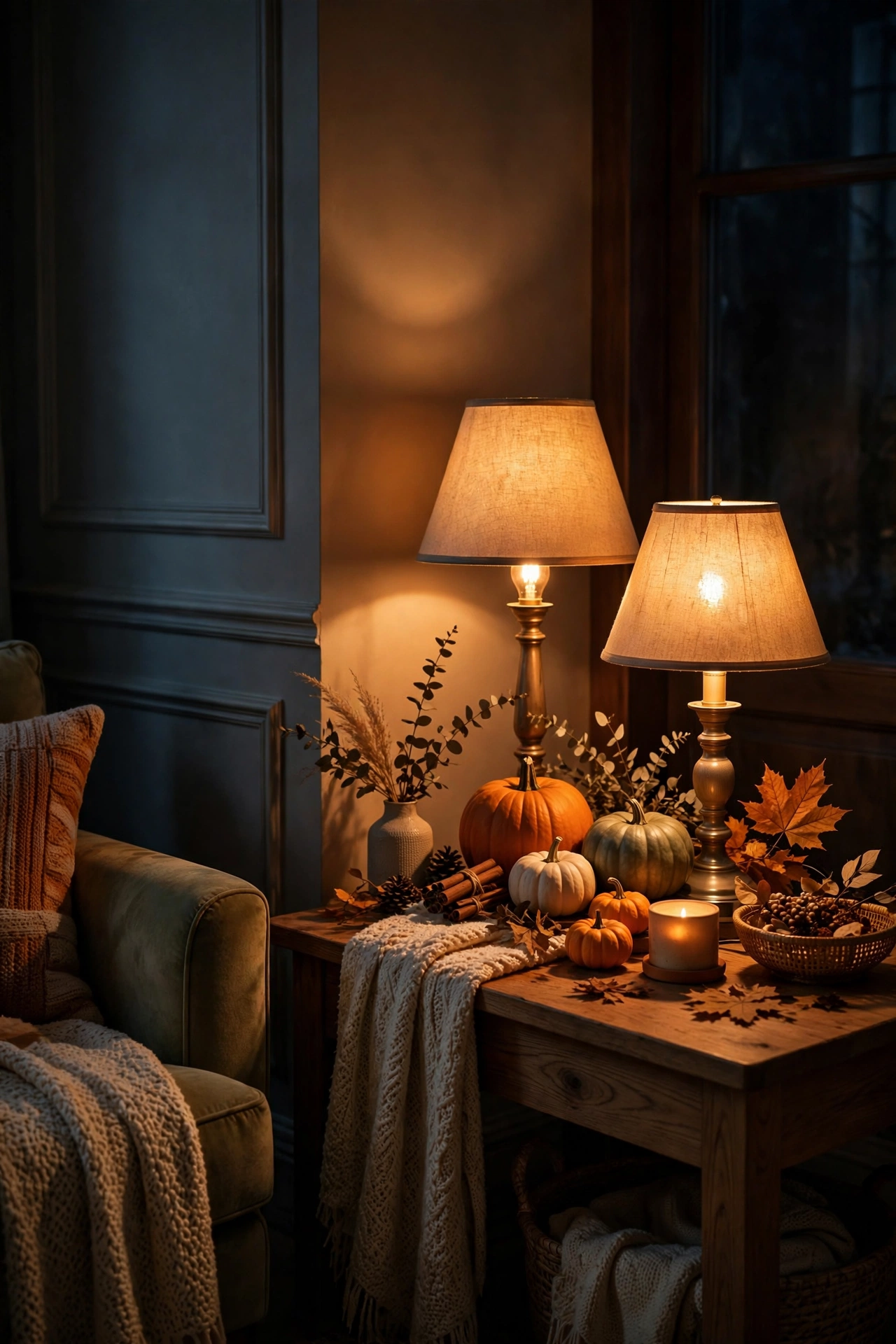 Living room corner glowing with warm amber lamp light
