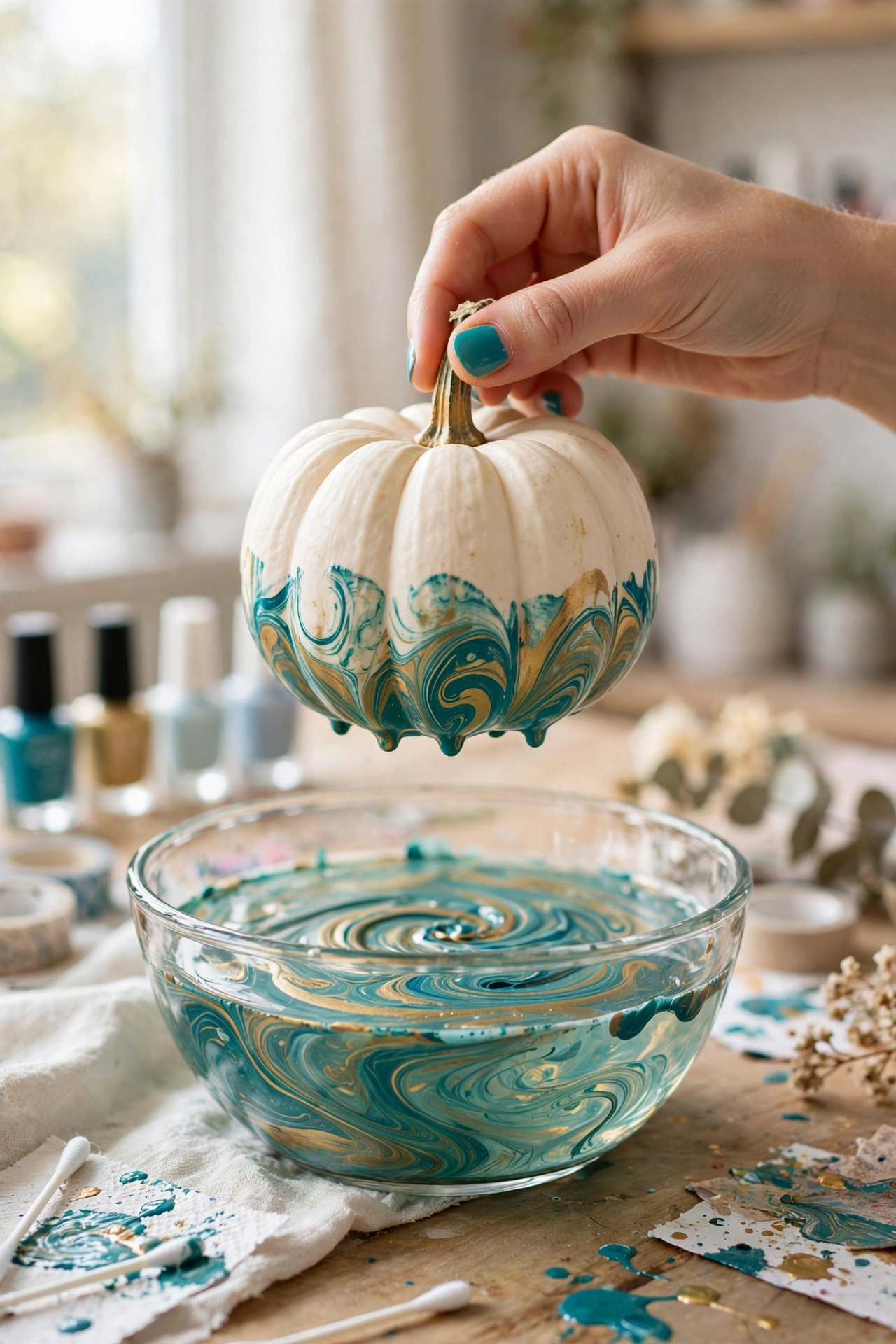 Small white pumpkin with teal and gold marbled nail polish swirls on its lower half, held over a water bowl