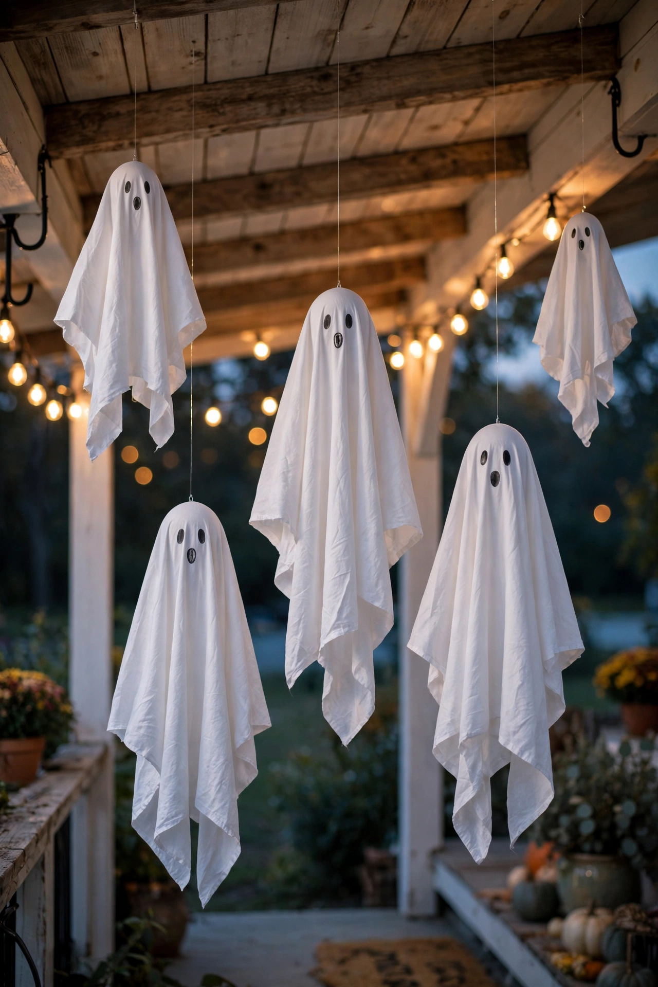 white sheet ghosts with simple drawn faces hanging from a porch ceiling at different lengths swaying gently at dusk with warm string lights behind