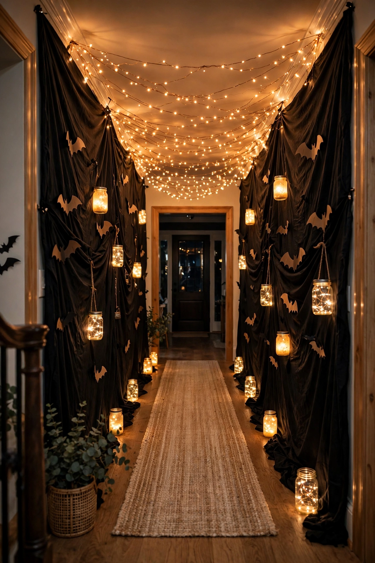 Long entryway hallway turned into a walk-through tunnel with black draped fabric walls and glowing orange string lights overhead