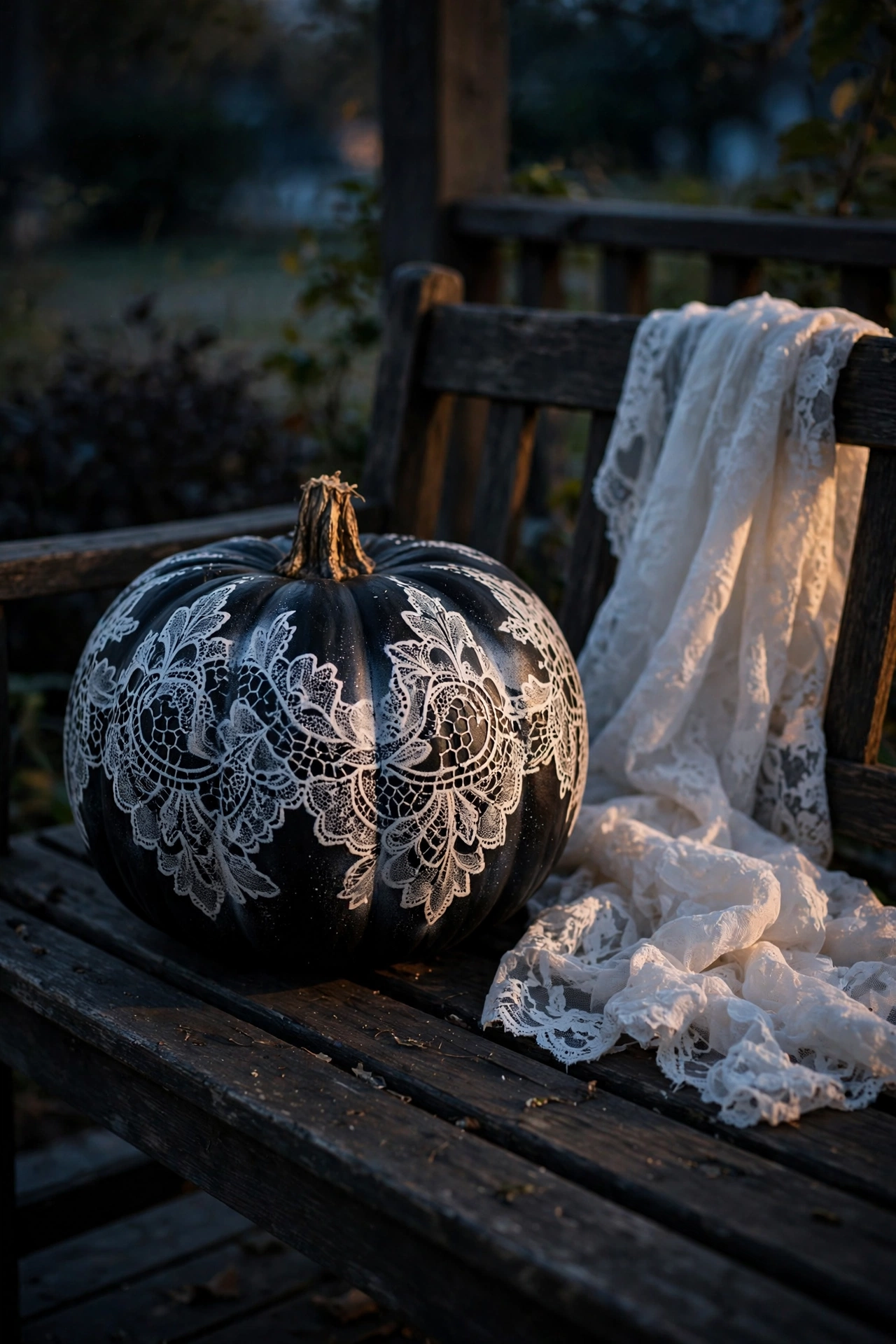 Black pumpkin with an intricate white lace stencil pattern spray painted on it, displayed on a dark porch