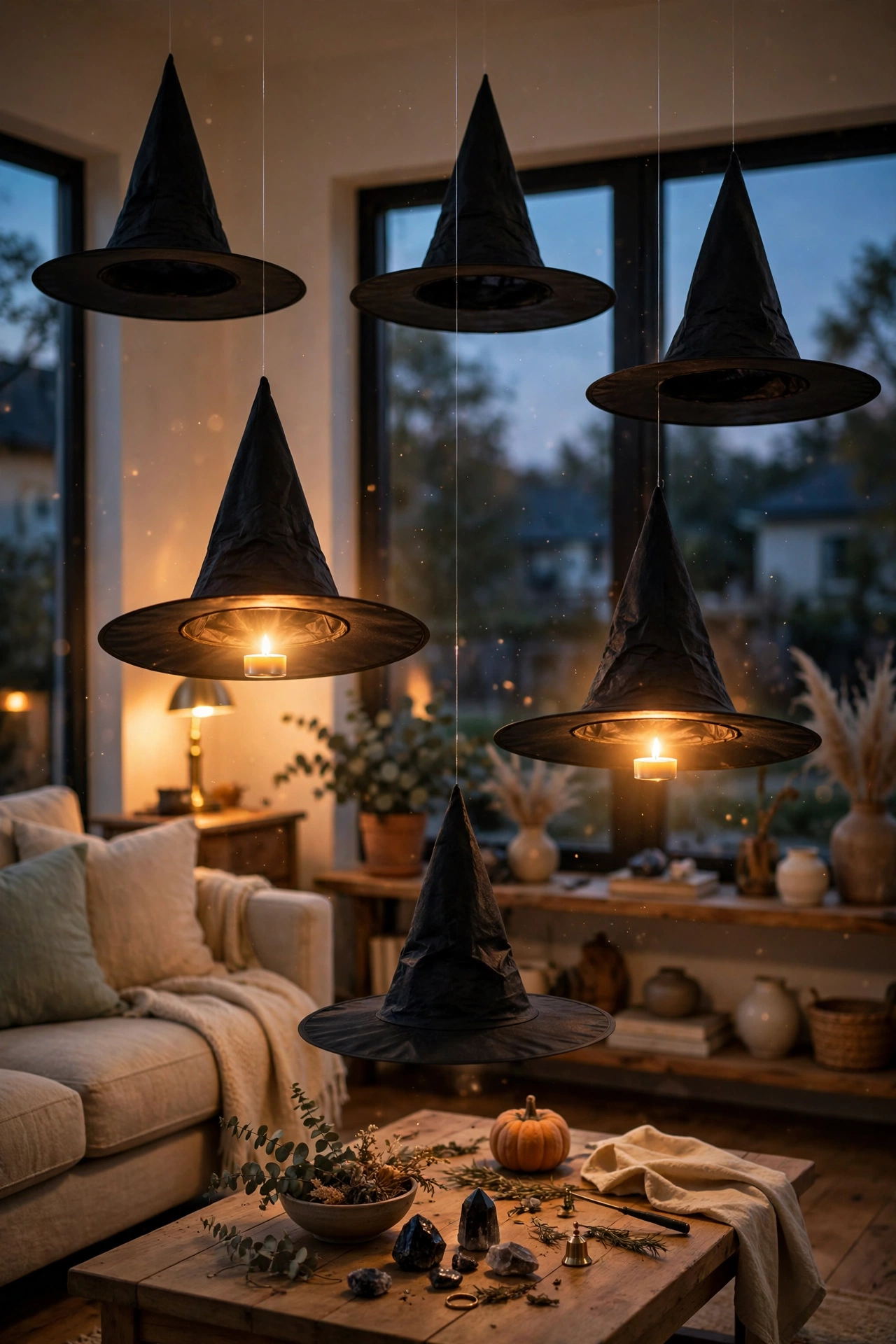 Witch hats floating over a coffee table, two glowing from within