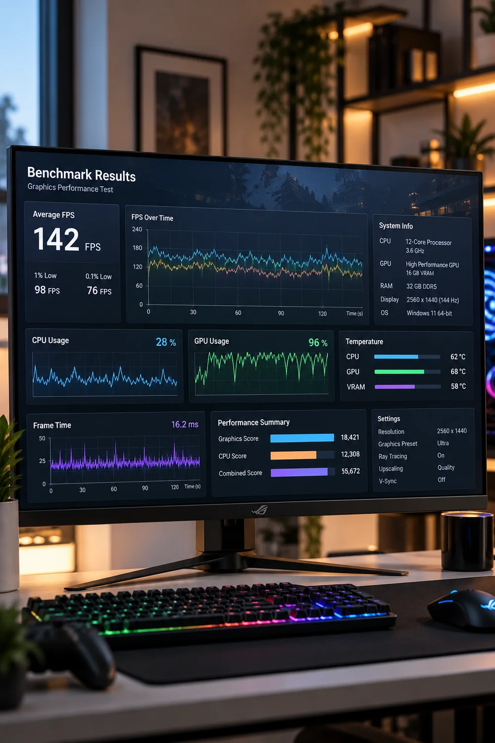 Benchmark results displayed on a gaming monitor