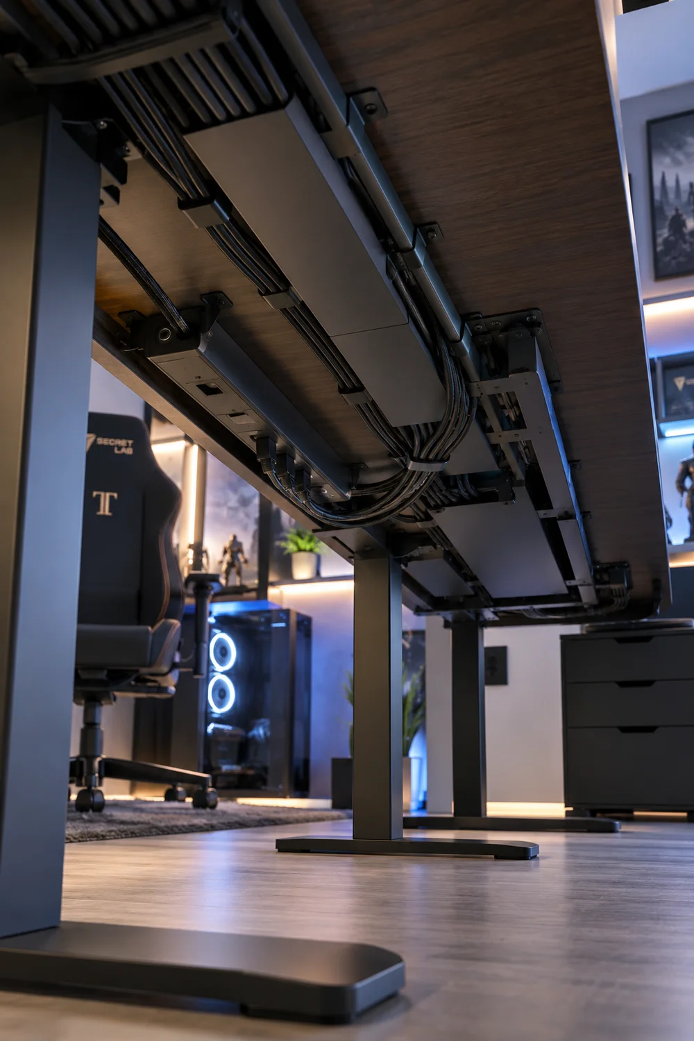 Neatly routed cables under a PC gaming desk