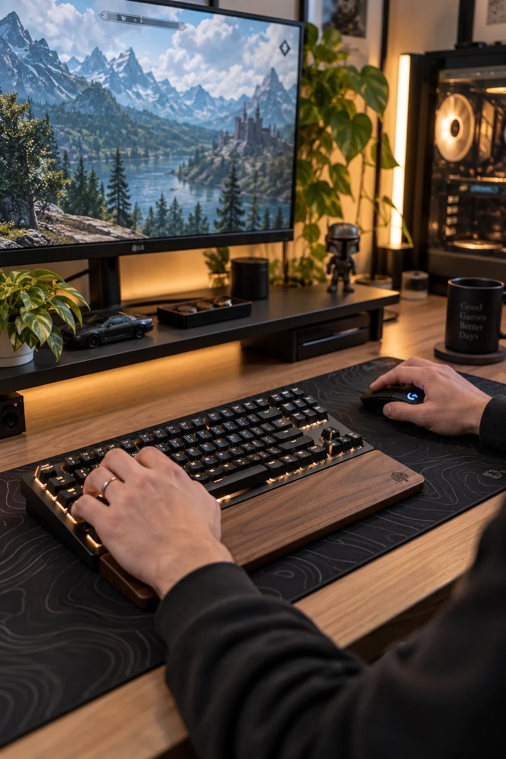 Hands on an ergonomic keyboard and mouse at a PC setup
