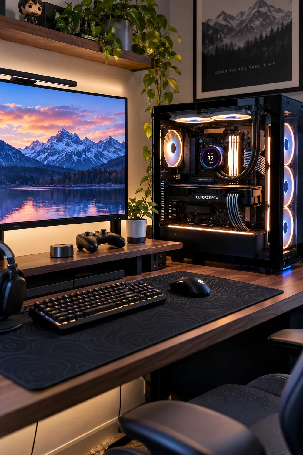 PC tower with glass side panel glowing on a desk