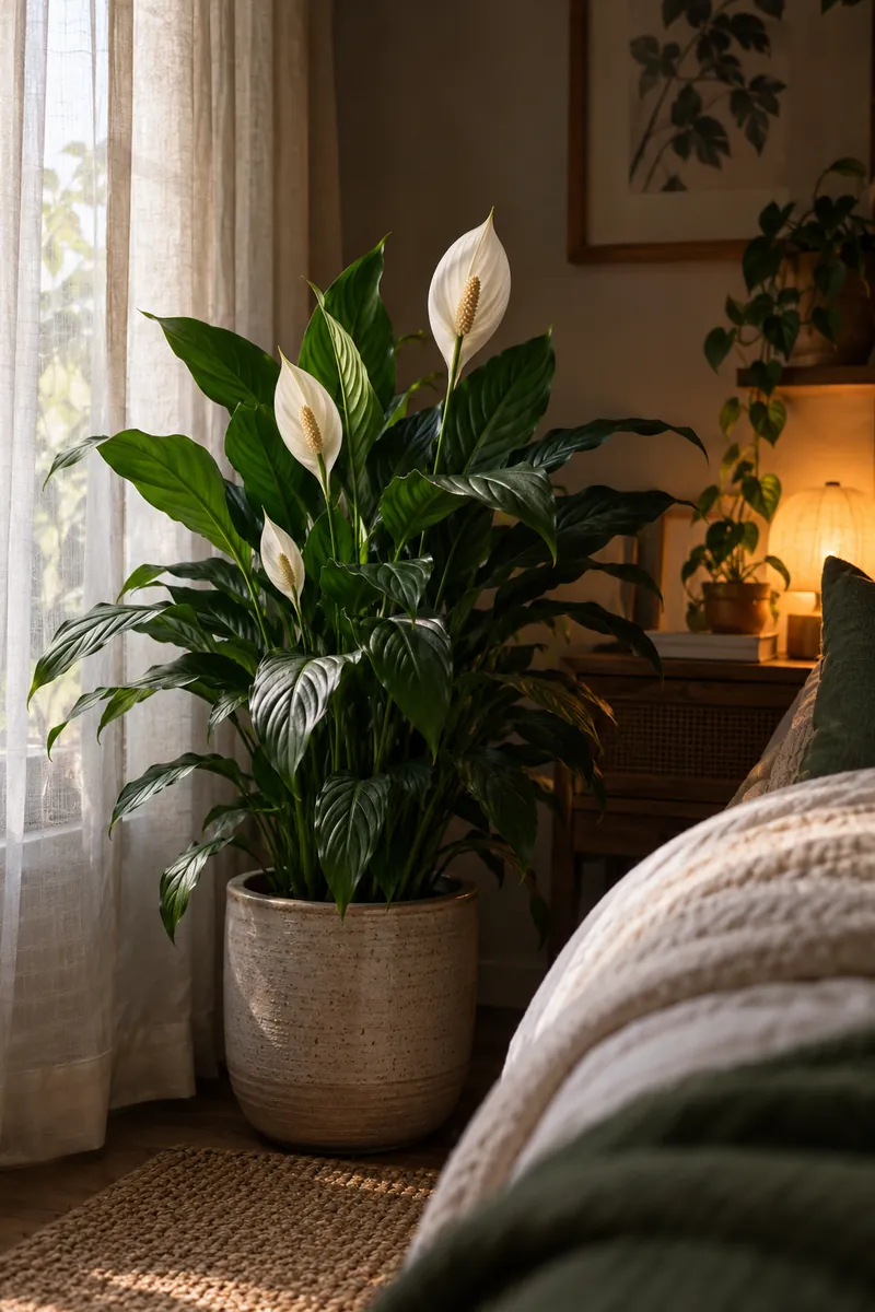 Peace lily with white blooms in a low-light bedroom