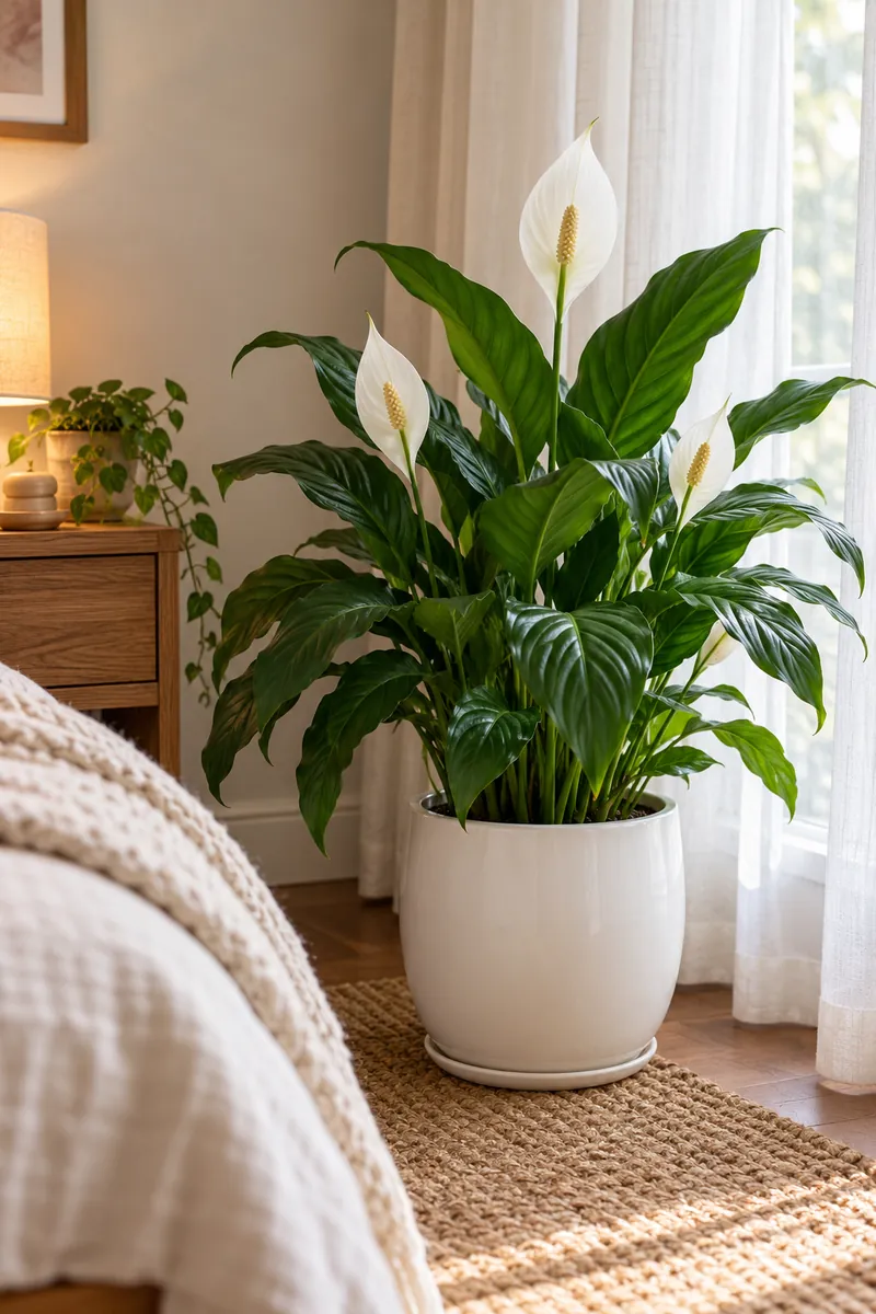 Peace lily with white blooms in a softly lit bedroom corner