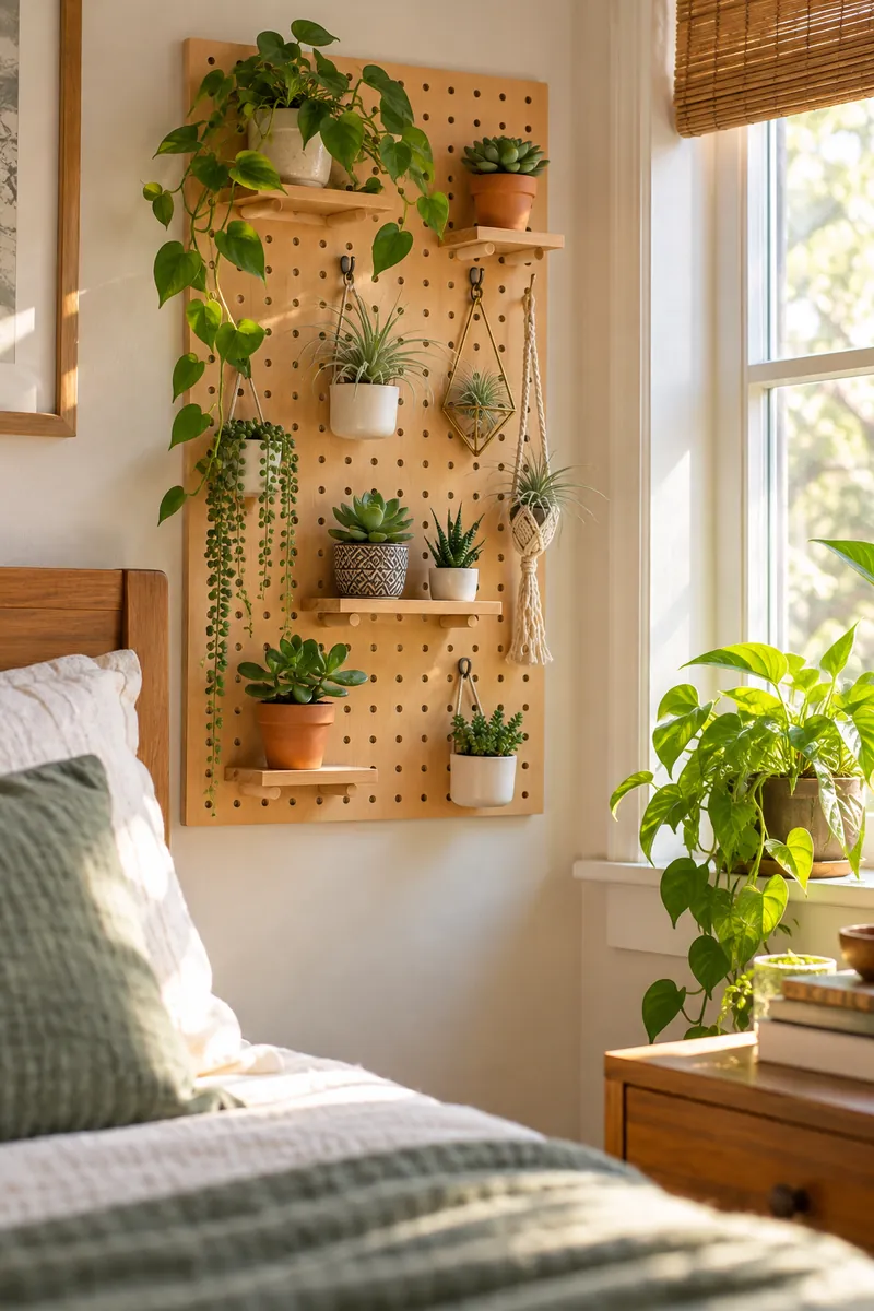 Pegboard wall with small potted plants in a small bedroom