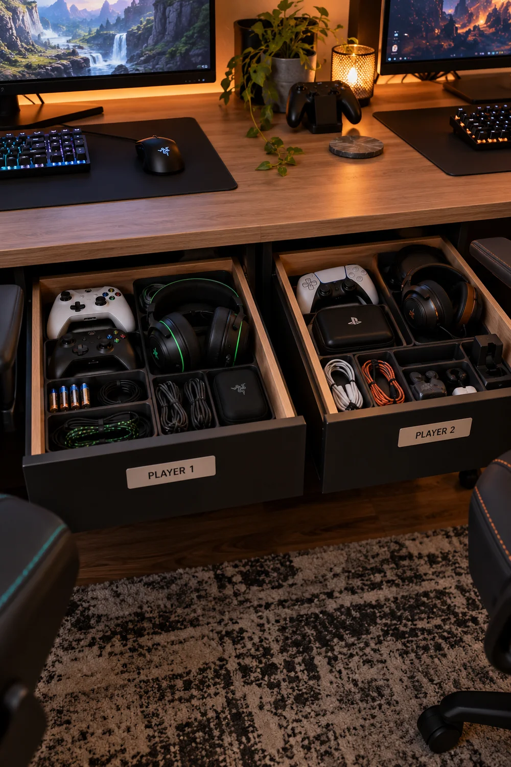Labeled personal drawers under a shared gaming desk