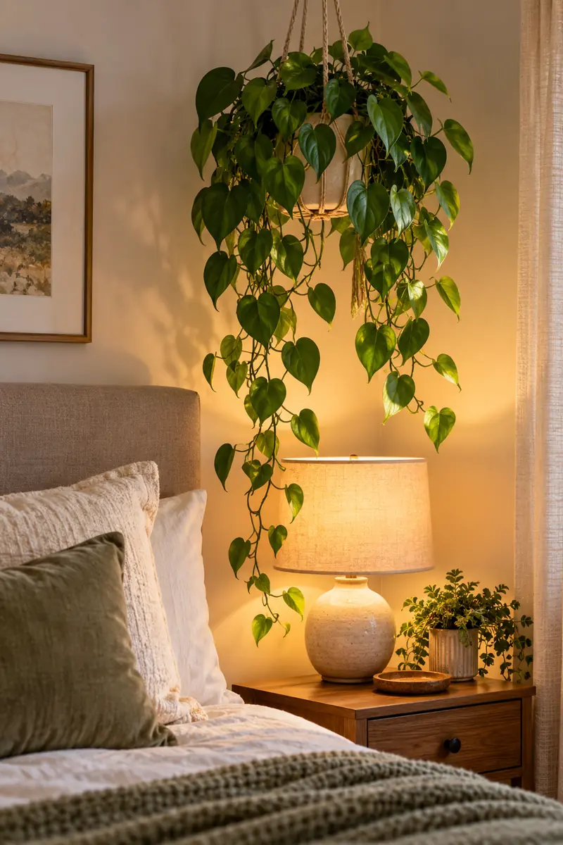 Philodendron hanging above a bedroom nightstand