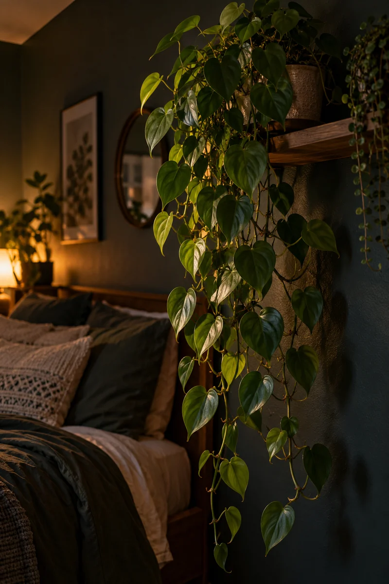 Philodendron trailing down a dark bedroom wall