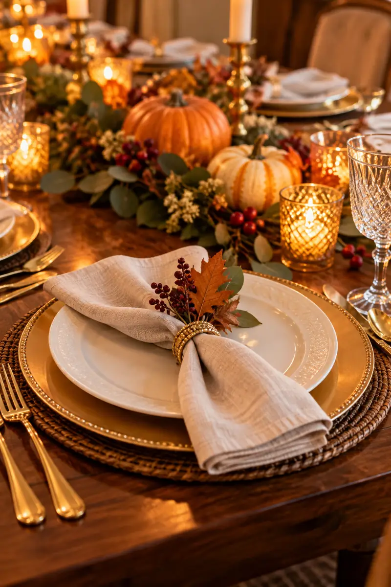Thanksgiving Place Setting With Layered Charger Plates Layered charger plates under dinner plates