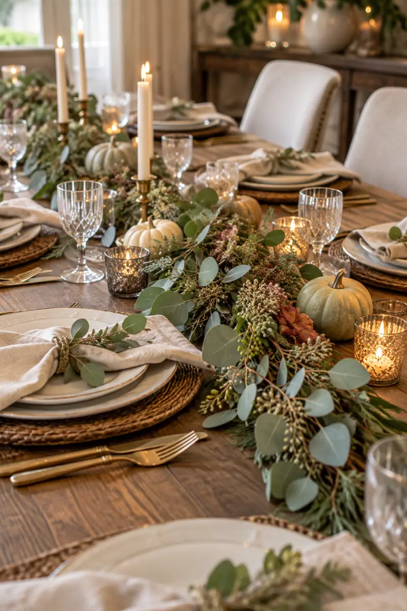 Thanksgiving Place Setting With Eucalyptus Trail Eucalyptus sprigs trailing along the table