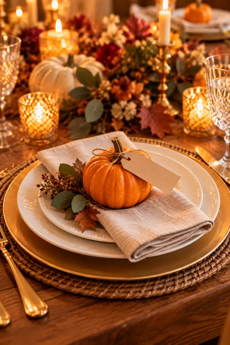 Thanksgiving Place Setting With Mini Pumpkin Place Cards Mini pumpkins used as place cards