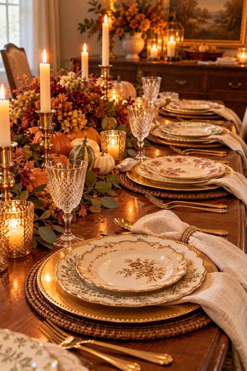 Thanksgiving Place Setting With Mixed Vintage Plates Mixed vintage plates in a warm palette