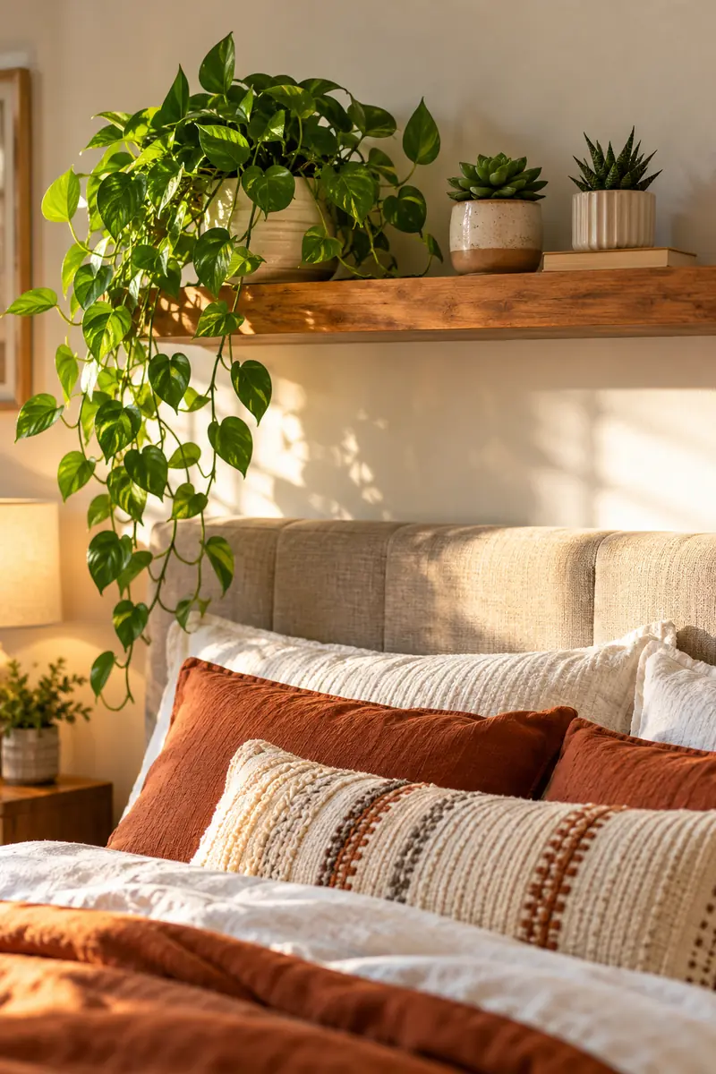 Floating plant shelf with trailing pothos above a bedroom headboard