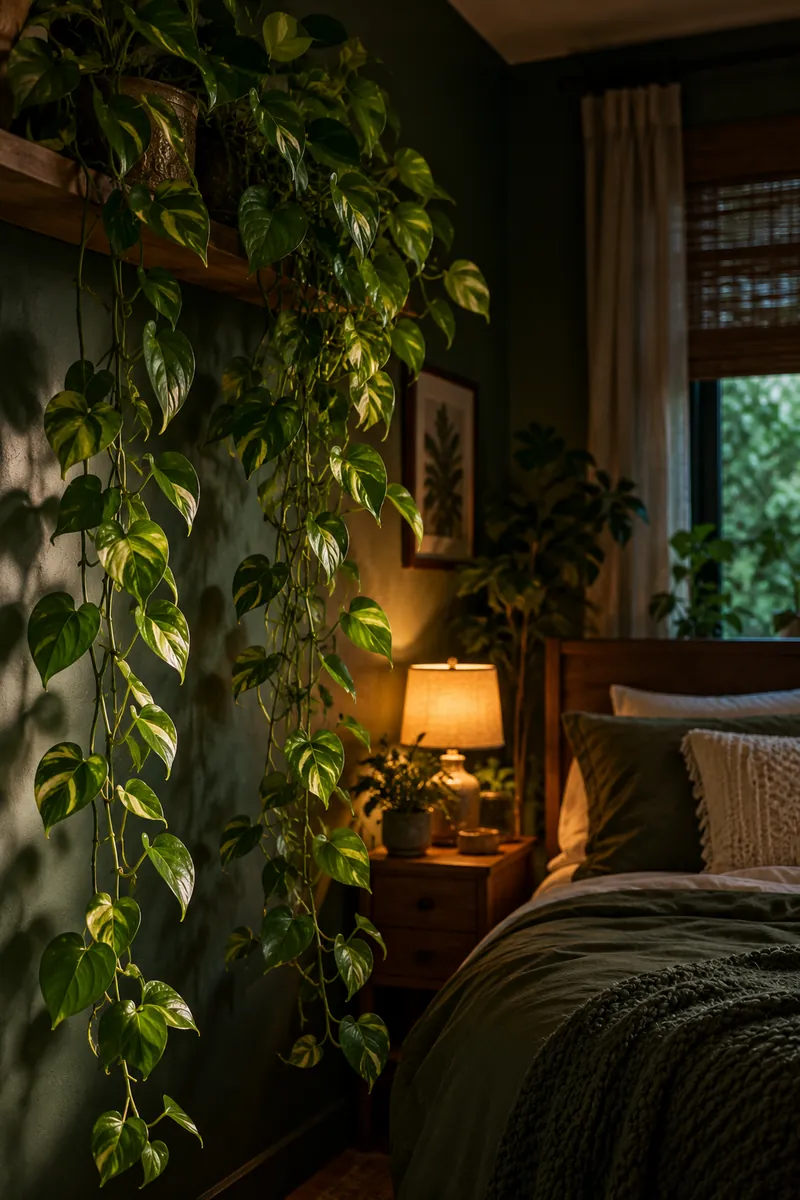 Pothos vines trailing in a low-light bedroom