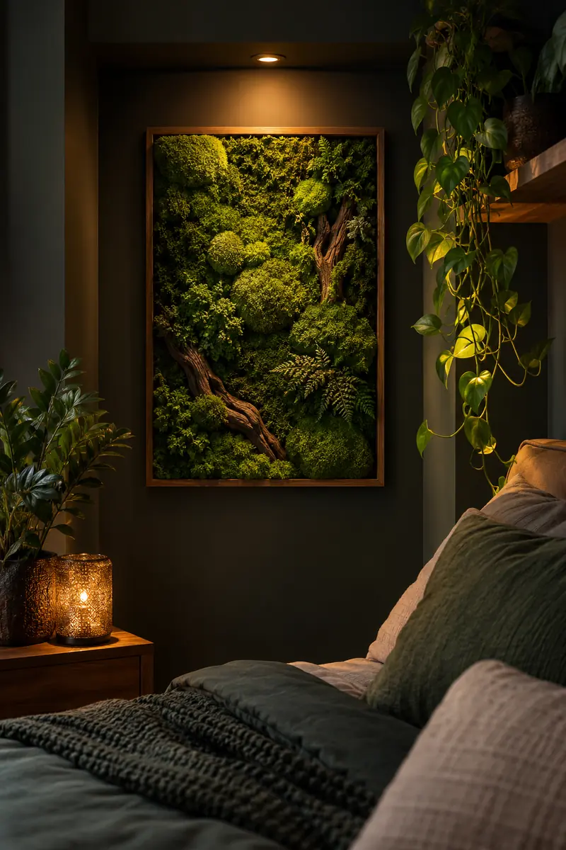 Preserved moss wall art in a dark bedroom alcove