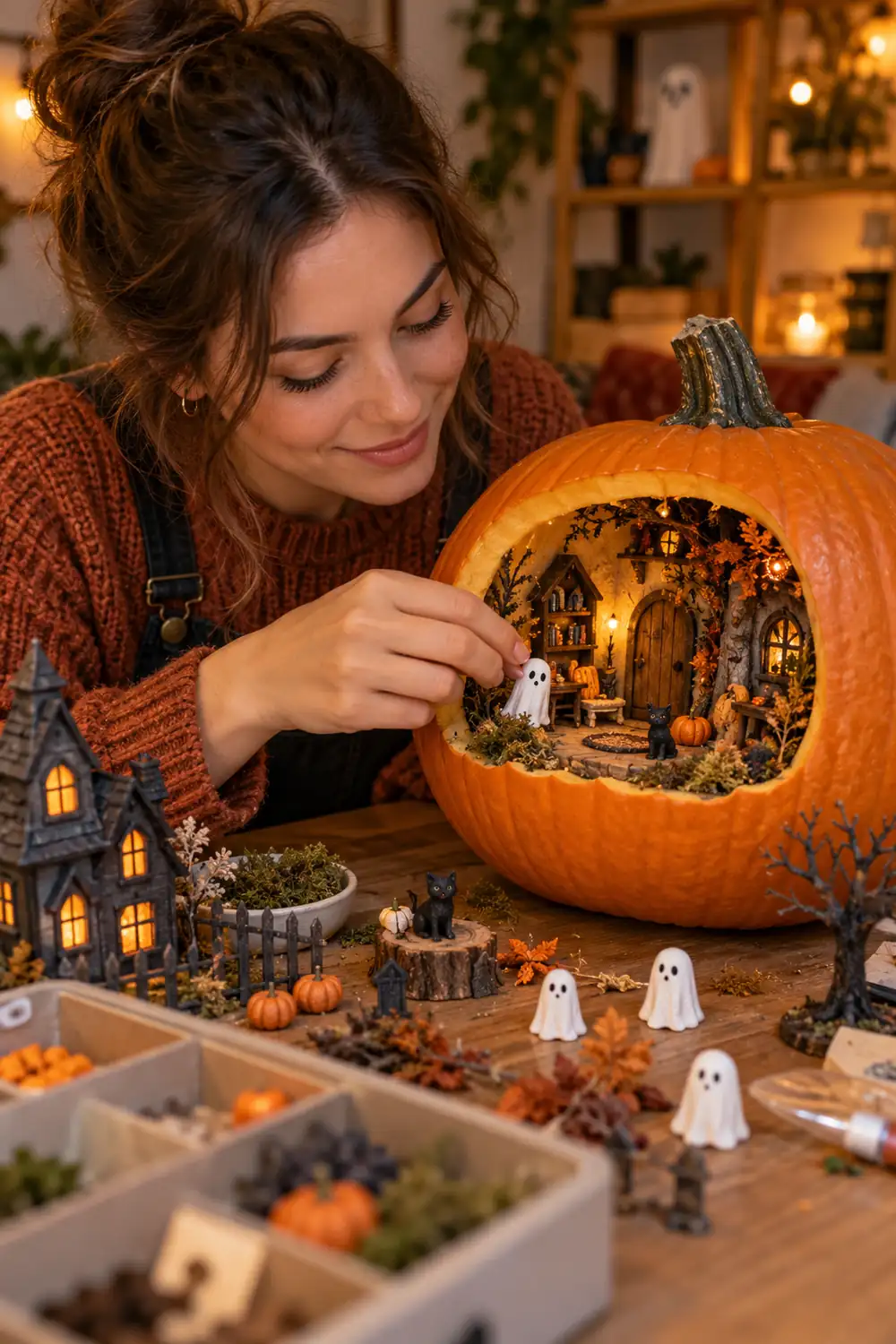 Young woman placing tiny figurines inside a pumpkin diorama window on a craft table
