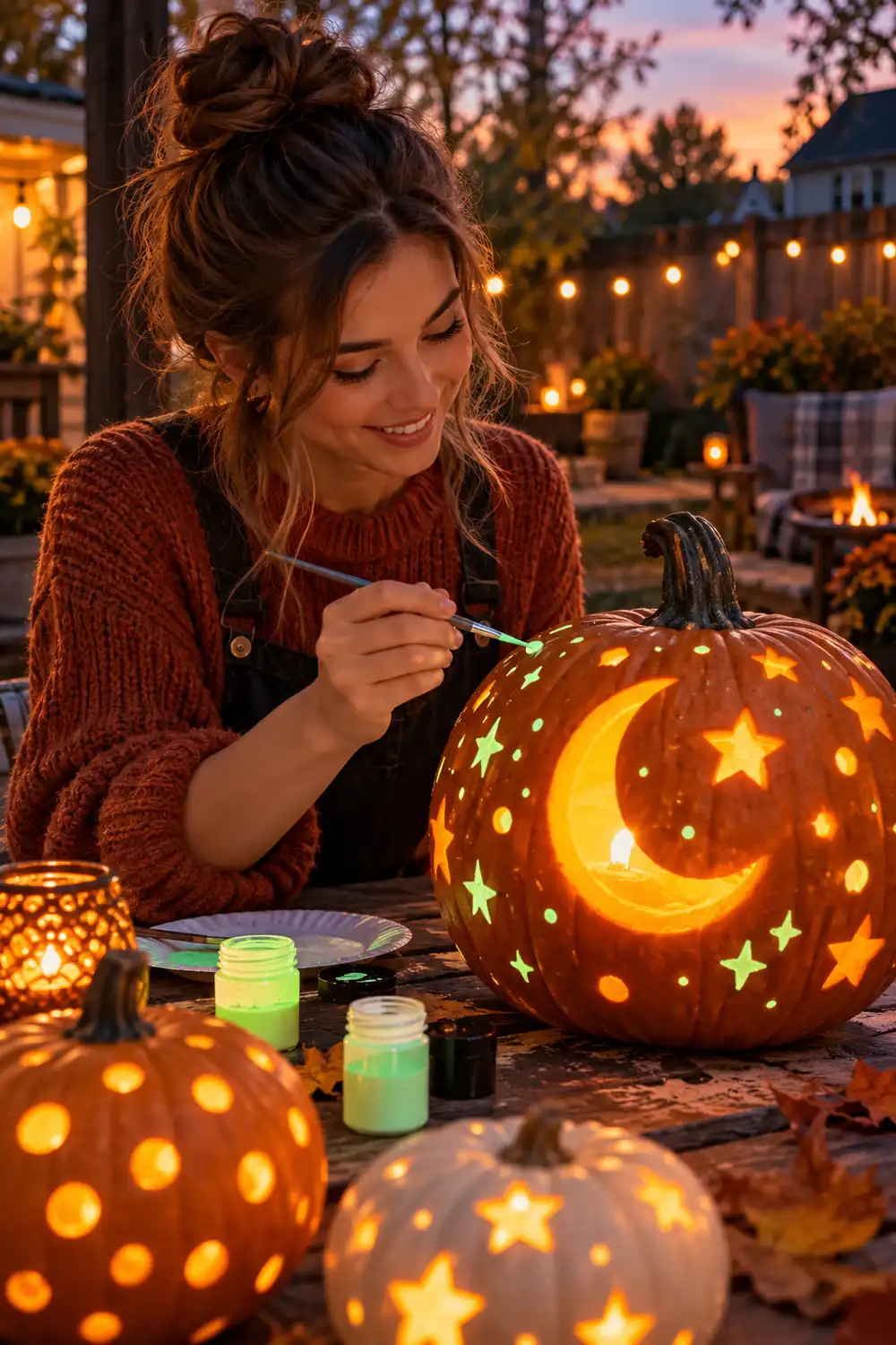 Young woman painting glow-in-the-dark details on a pumpkin in a backyard at dusk