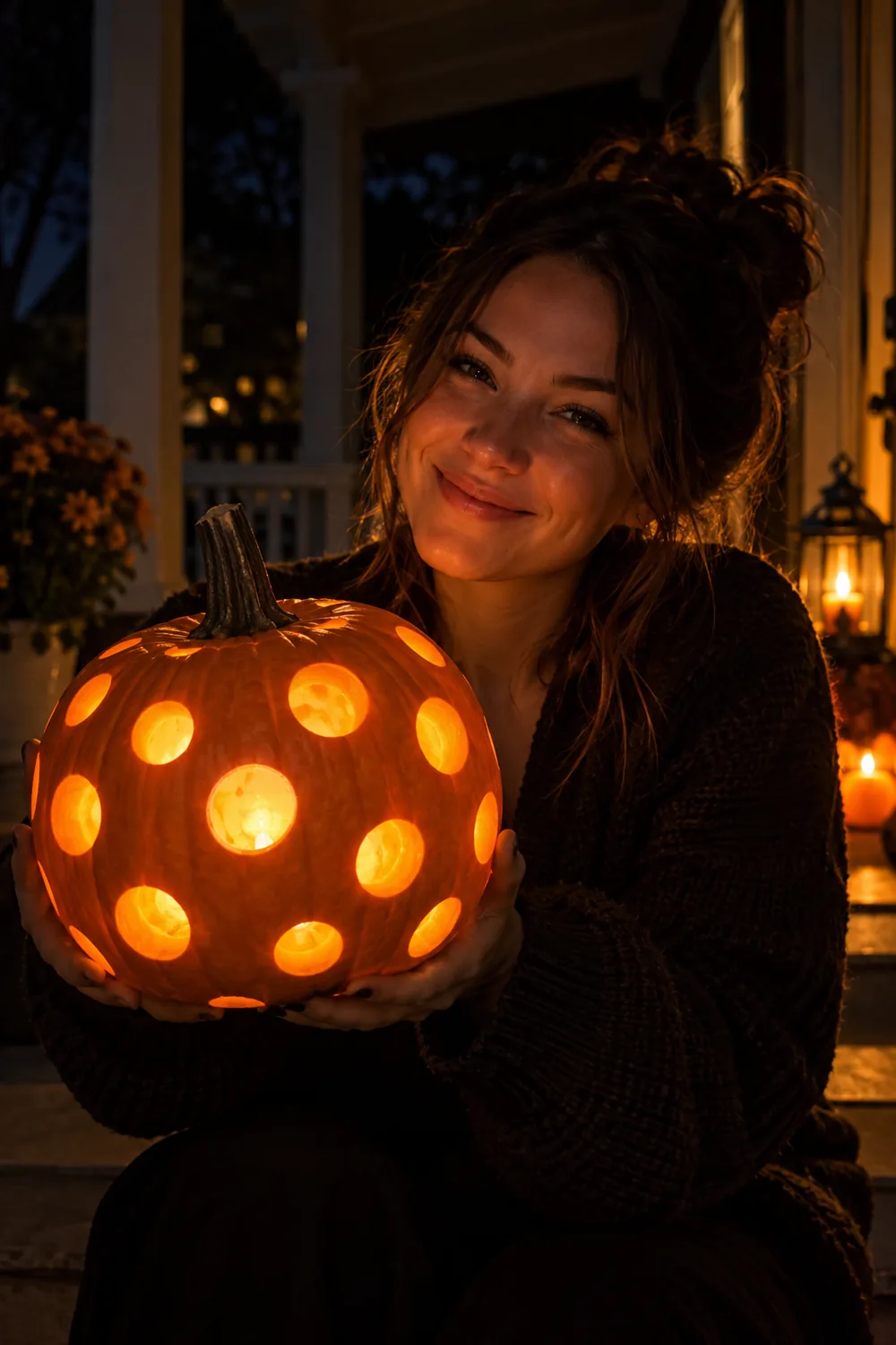 Young woman holding a pumpkin with glowing shallow polka dot scoops on a porch at night