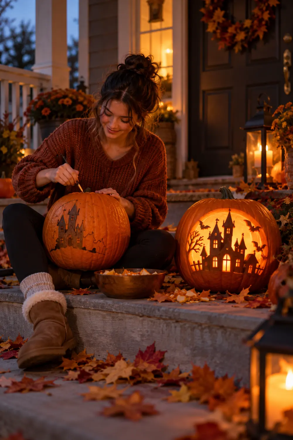 Young woman carving a haunted skyline silhouette pumpkin glowing on a porch at dusk