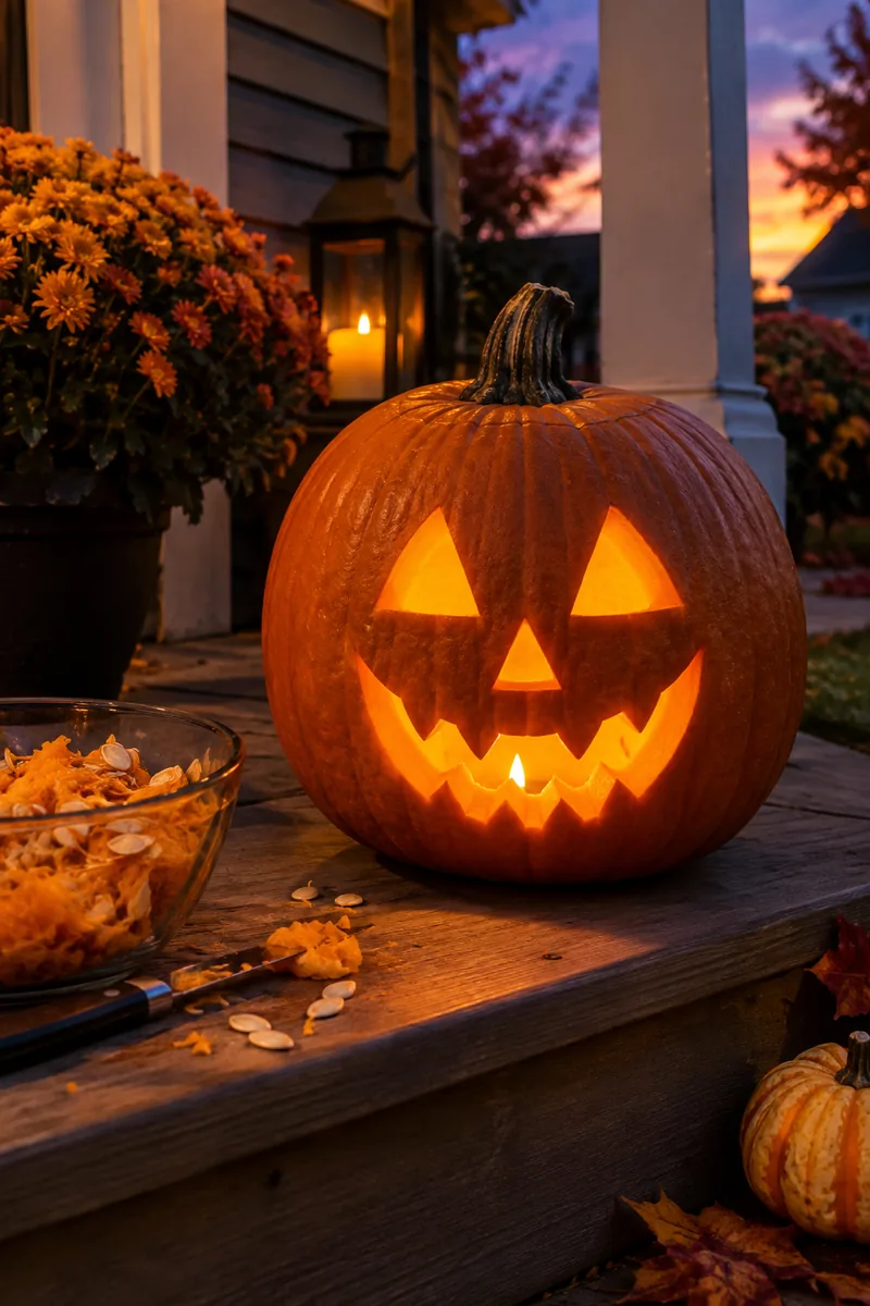 Classic triangle eyes jack-o-lantern carved by a beginner