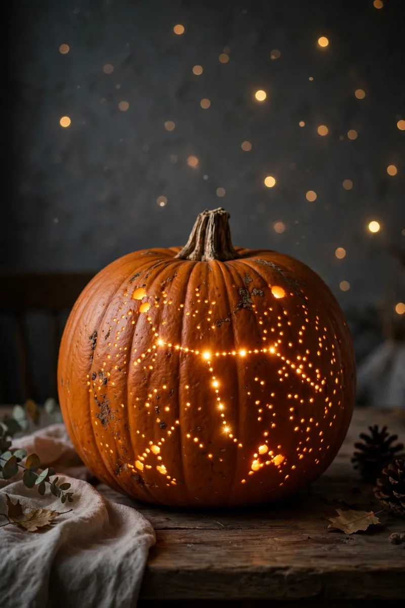 Pumpkin with drilled starry sky holes glowing at night