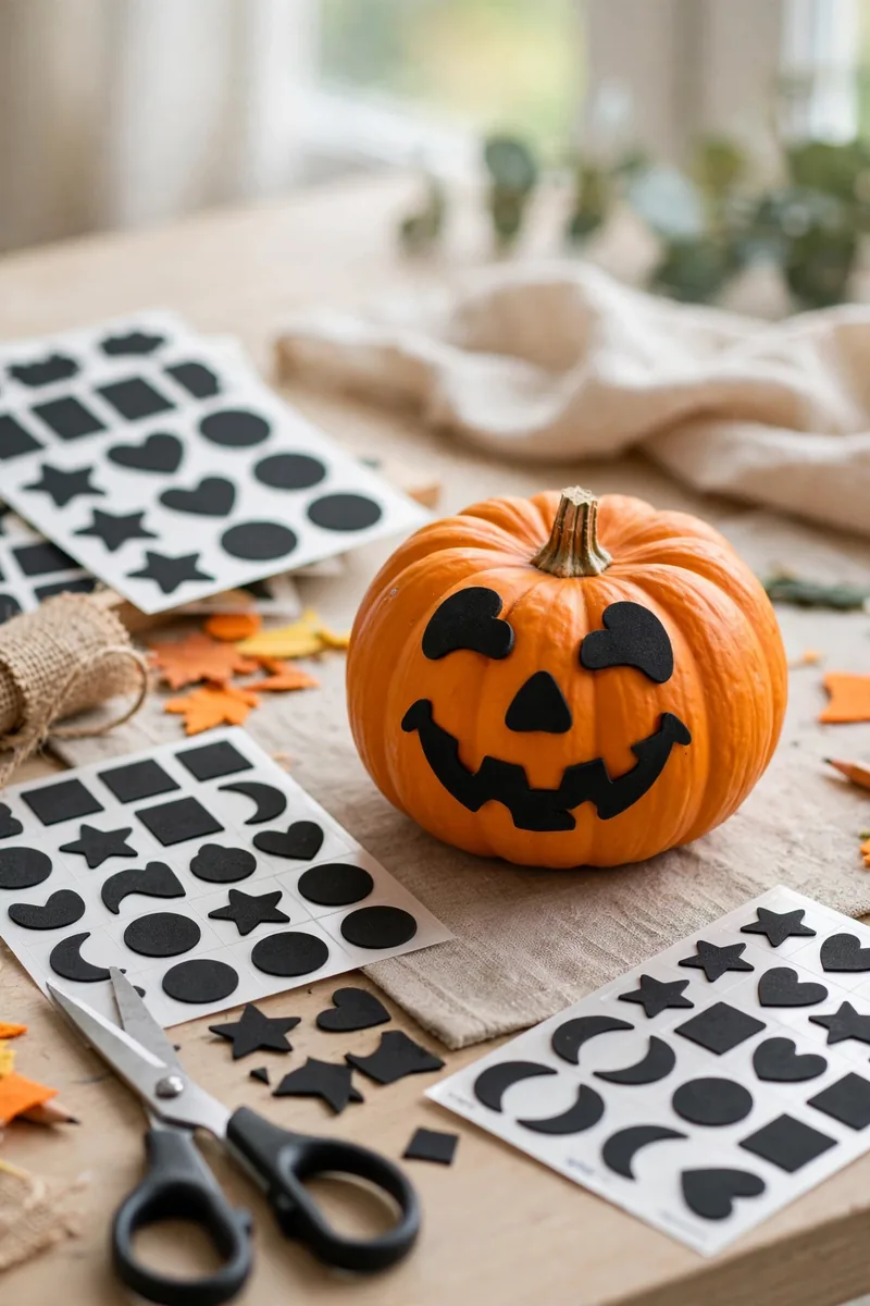 Pumpkin decorated with black foam sticker shapes for beginners
