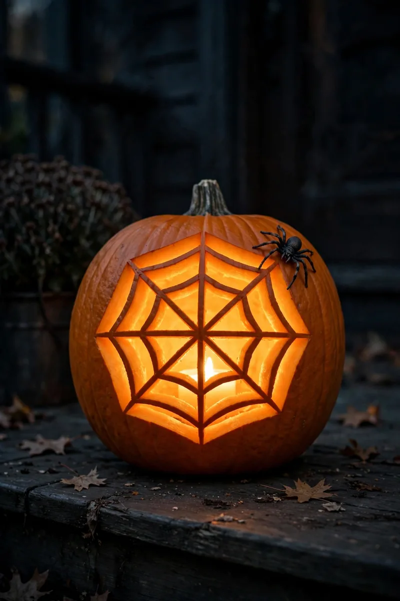Spider web carved into a pumpkin with straight lines