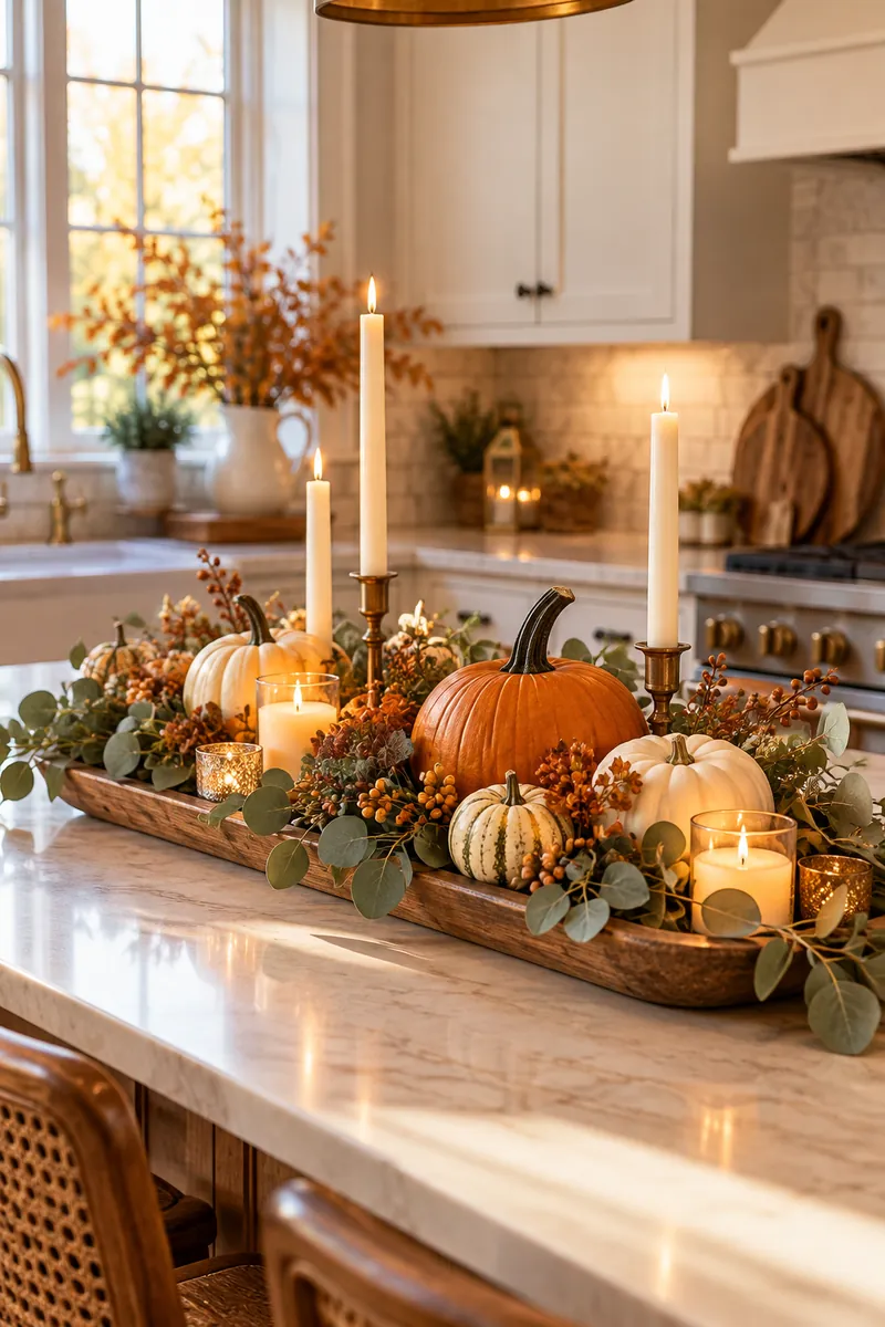 Pumpkin centerpiece with eucalyptus on a kitchen island for Thanksgiving