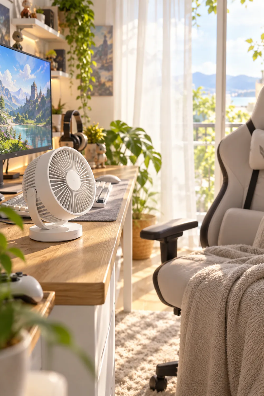 Small white desk fan cooling a sunny gaming room