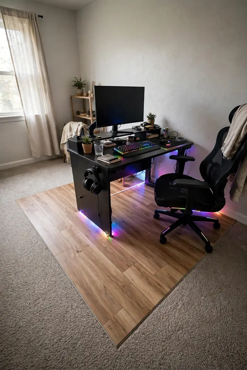 Removable vinyl floor tiles under a rental gaming setup