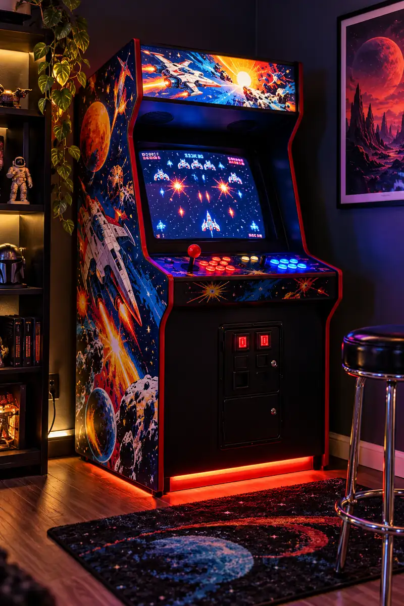 Retro Gaming Room Ideas: Arcade Cabinet Corner Setup Retro arcade cabinet glowing in the corner of a gaming room with neon wall sign and dark cozy lighting