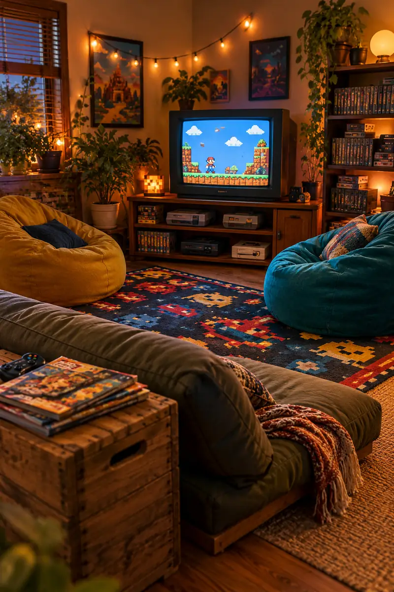 Retro Gaming Room Ideas: Bean Bag Retro Lounge Seating Retro gaming lounge with colorful bean bags, low sofa and warm lighting around a vintage TV setup