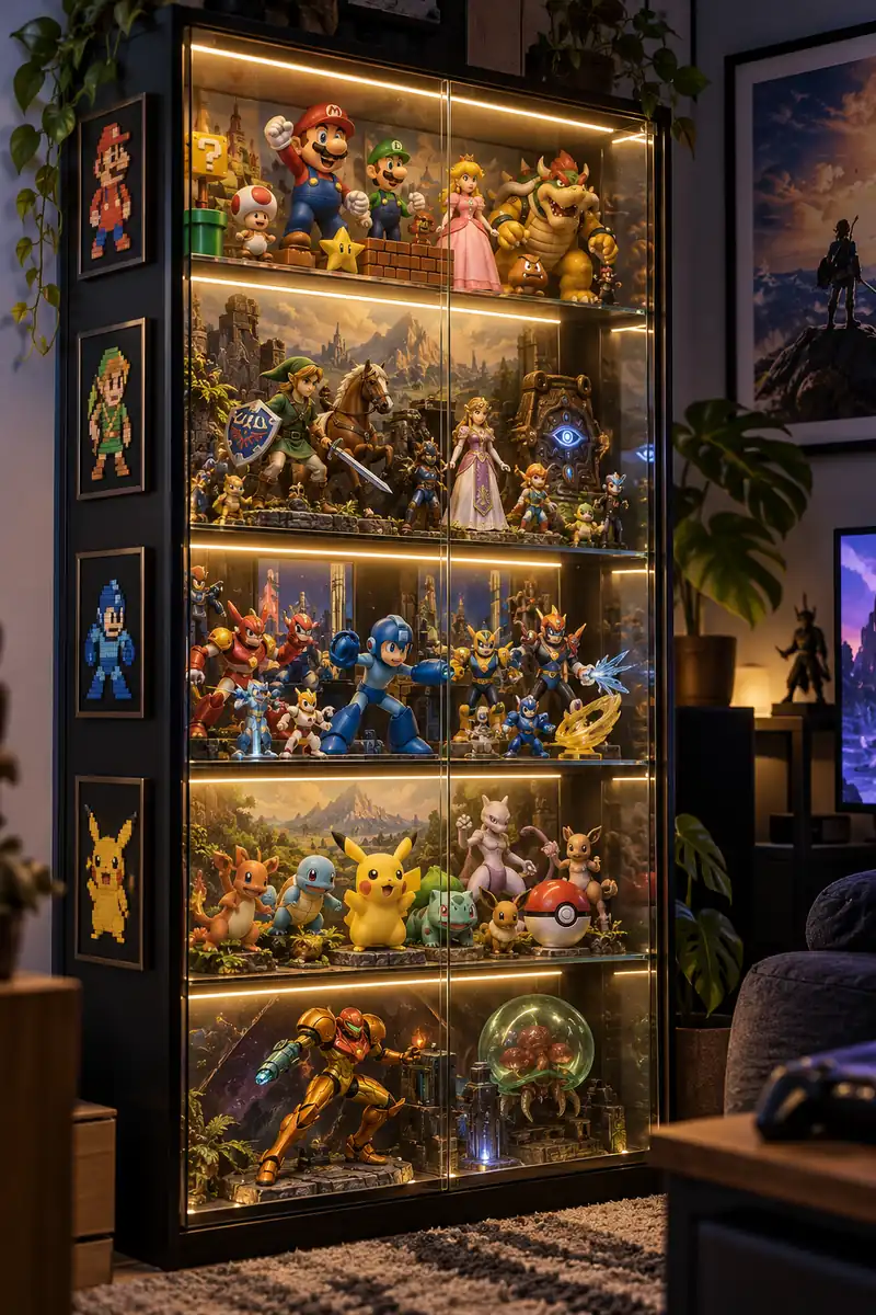 Retro Gaming Room Ideas: Action Figure Collectibles Display Glass display shelf with retro game action figures and collectibles lit by warm LED strips in a gaming room