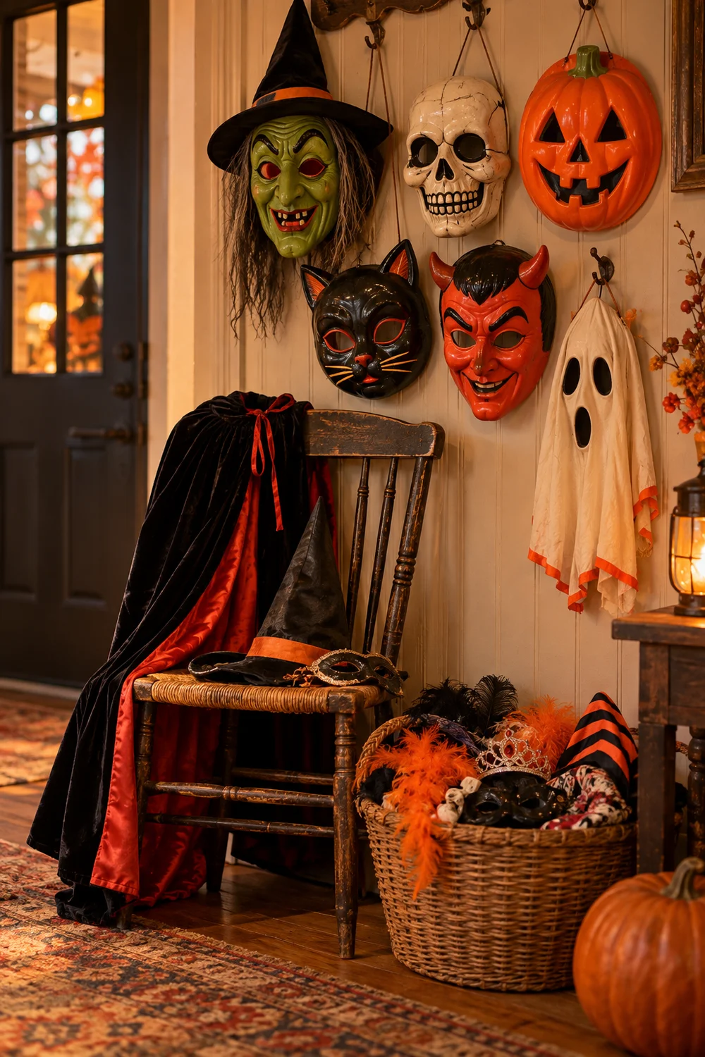 Retro Halloween costume corner with vintage masks and cape
