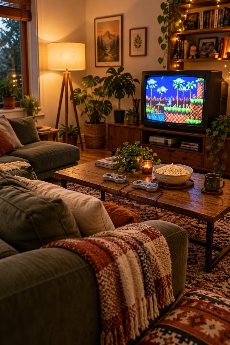 Retro Gaming Room Ideas: Two Player Couch Co-Op Zone Cozy retro gaming room couch setup with two controllers, CRT TV and warm floor lamp for co-op play