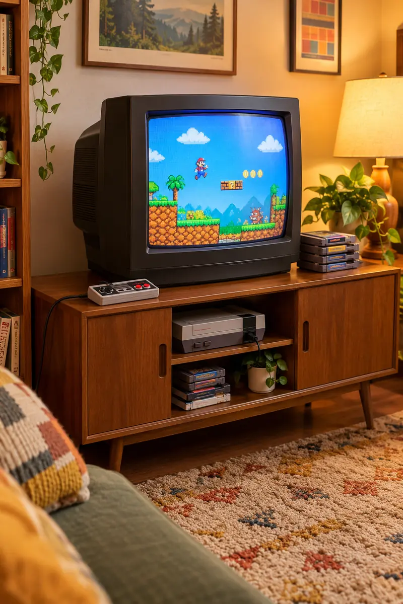 Retro Gaming Room Ideas: Classic CRT Television Setup Retro gaming room with a classic CRT television showing a colorful 8-bit game, wooden TV stand and warm lamp light