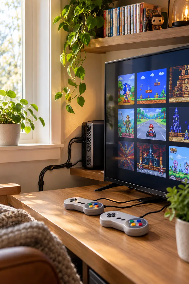 Retro Gaming Room Ideas: Retro Emulation Station Setup Compact retro emulation station with small PC, USB controllers and game library on screen in a cozy corner