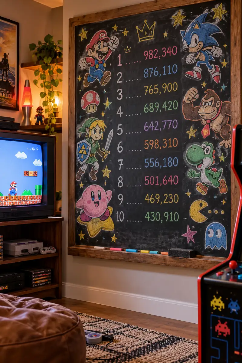 Retro Gaming Room Ideas: High Score Chalkboard Wall Chalkboard high score wall in a retro gaming room with handwritten game scores and colorful chalk doodles