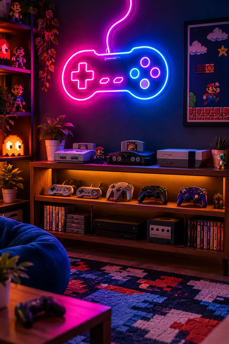 Retro Gaming Room Ideas: Neon Sign Arcade Glow Pink and blue neon gaming sign glowing on the wall of a retro gaming room above a console shelf