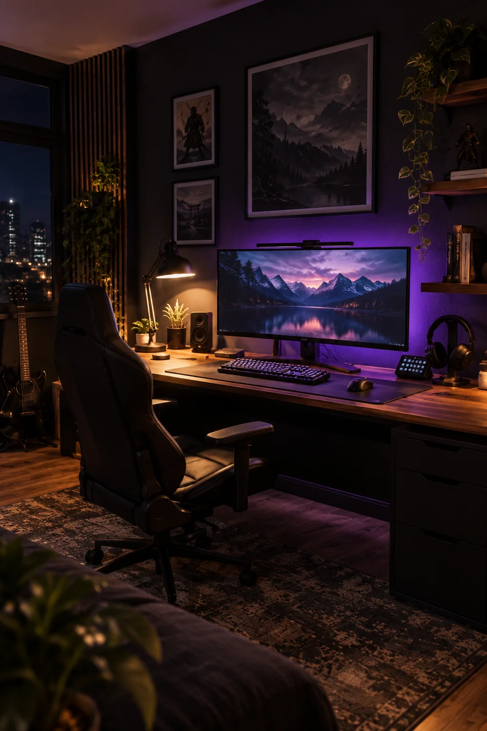 Gaming room with subtle RGB accent lighting behind the desk