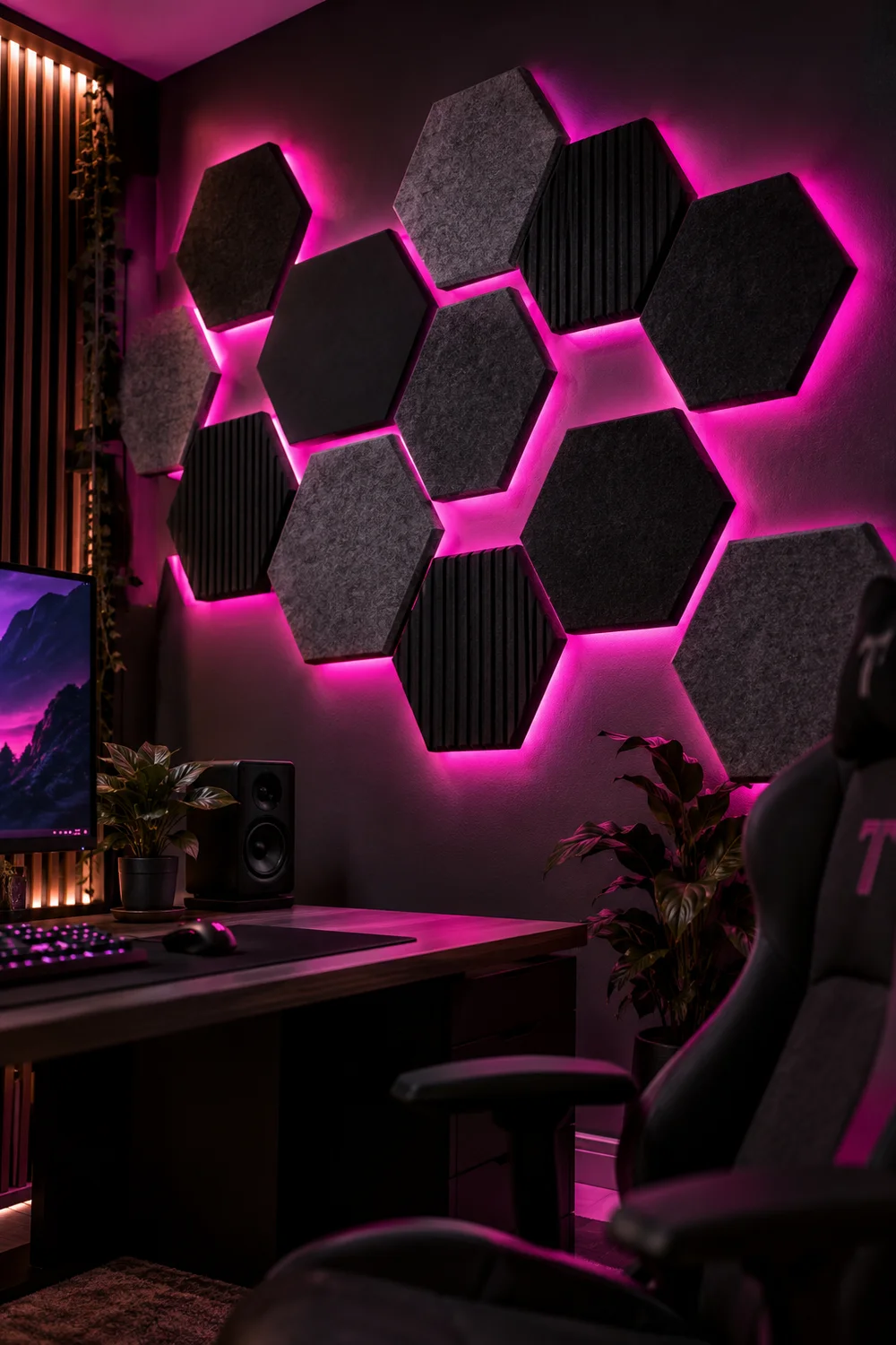 Wall panels with soft RGB backlight in a gaming room