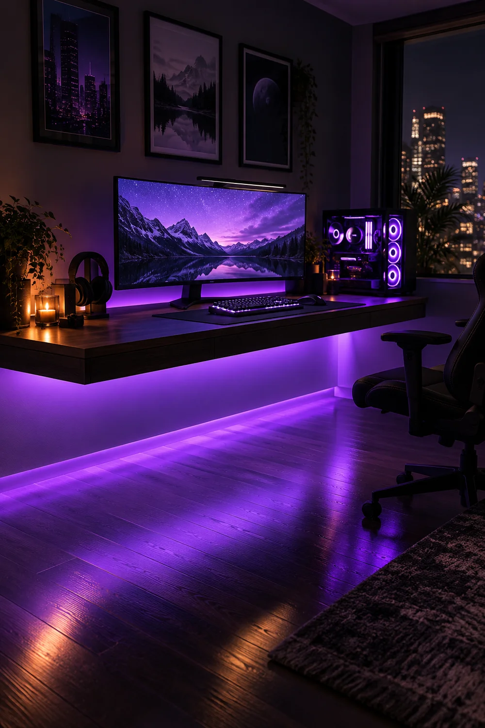 Soft RGB glow washing the floor under a gaming desk