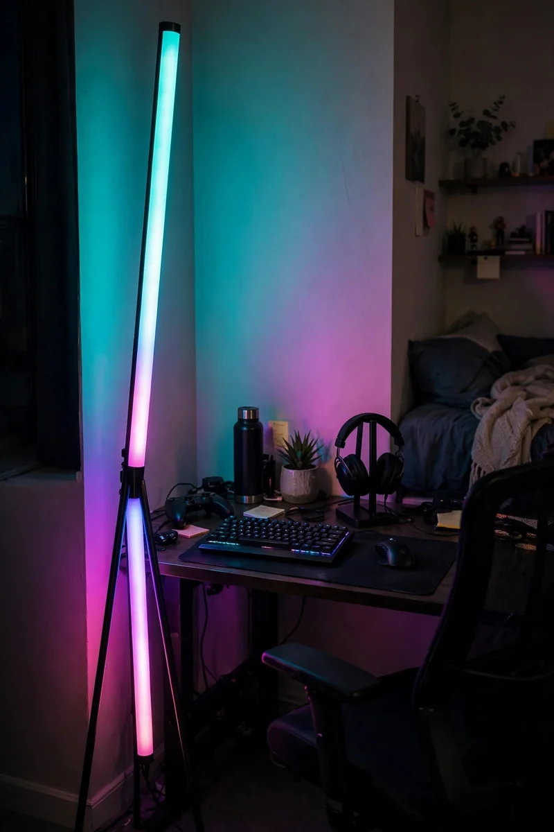 Freestanding RGB floor lamp glowing in a rental gaming room corner