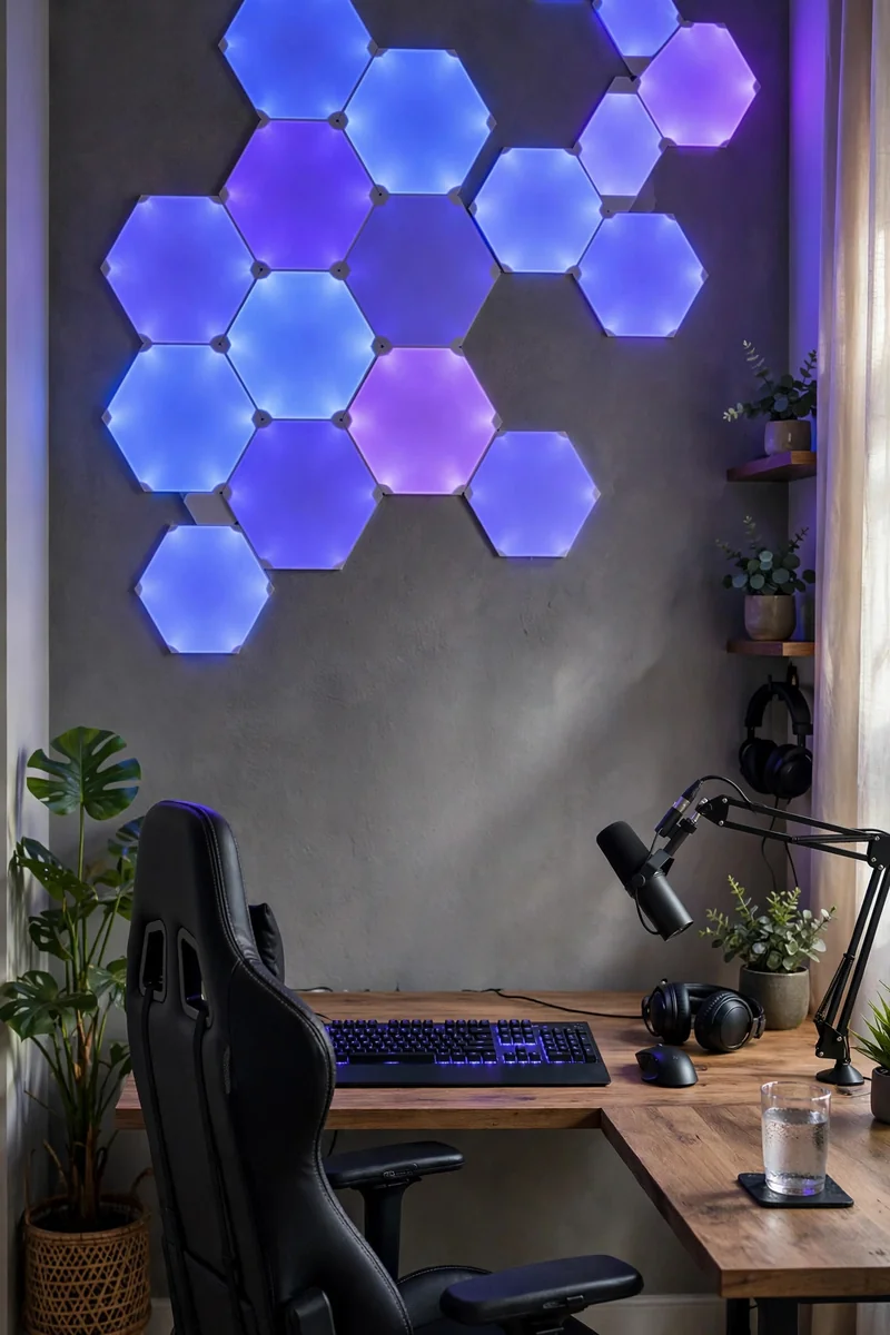 RGB hexagon wall panels as a streaming background