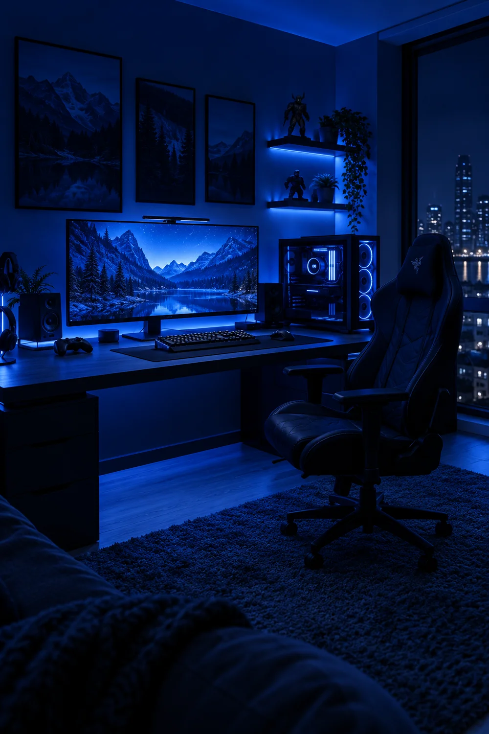 Gaming room lit in deep blue for a focused night session